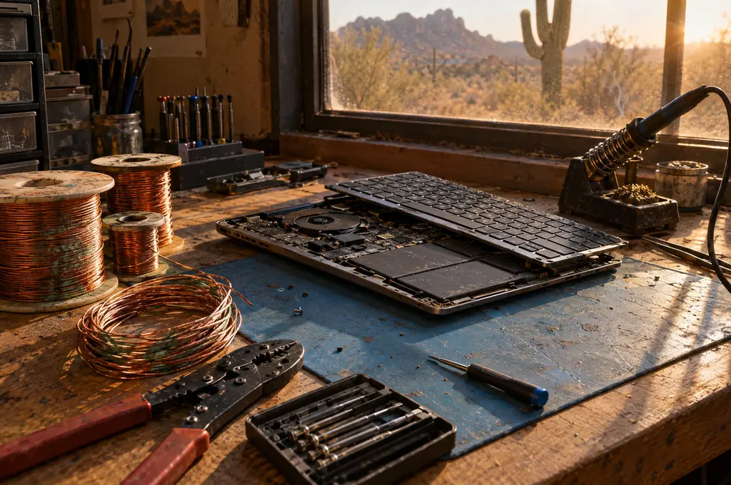 Electronics workbench with copper wire spools, tools and an opened laptop in desert sunlight