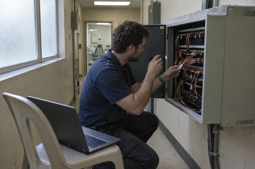Technician reading a cable label inside a wall-mounted network cabinet at a small dental office