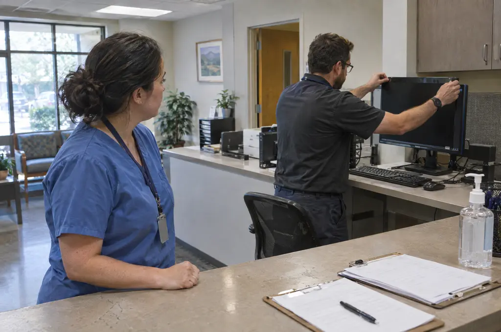 Technician fitting a privacy filter to a front-desk workstation at a medical clinic