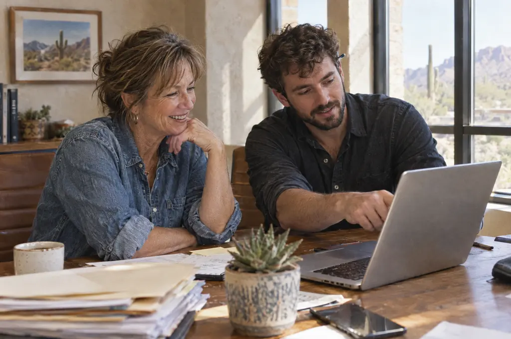 Business owner laughing with an IT consultant while reviewing a cloud migration on a laptop