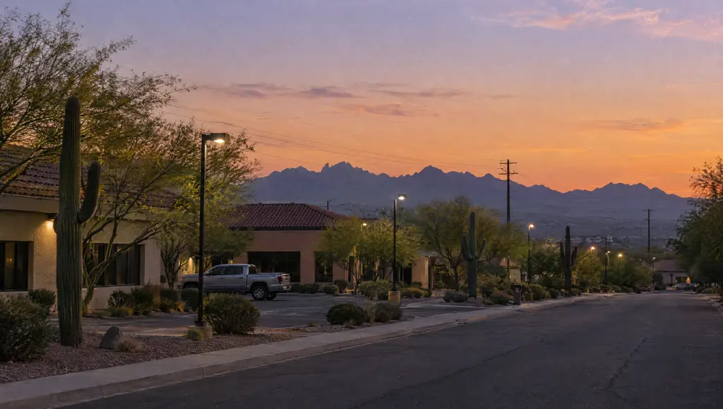 Dusk over low office buildings and saguaros in Peoria with the White Tank Mountains beyond